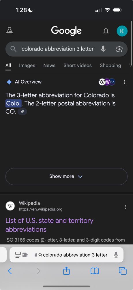 Screenshot of Google search results with AI overview at the top. Search query: “Colorado abbreviation 3 letters”. AI overview text states “The 3-letters abbreviation for Colorado is Colo.”