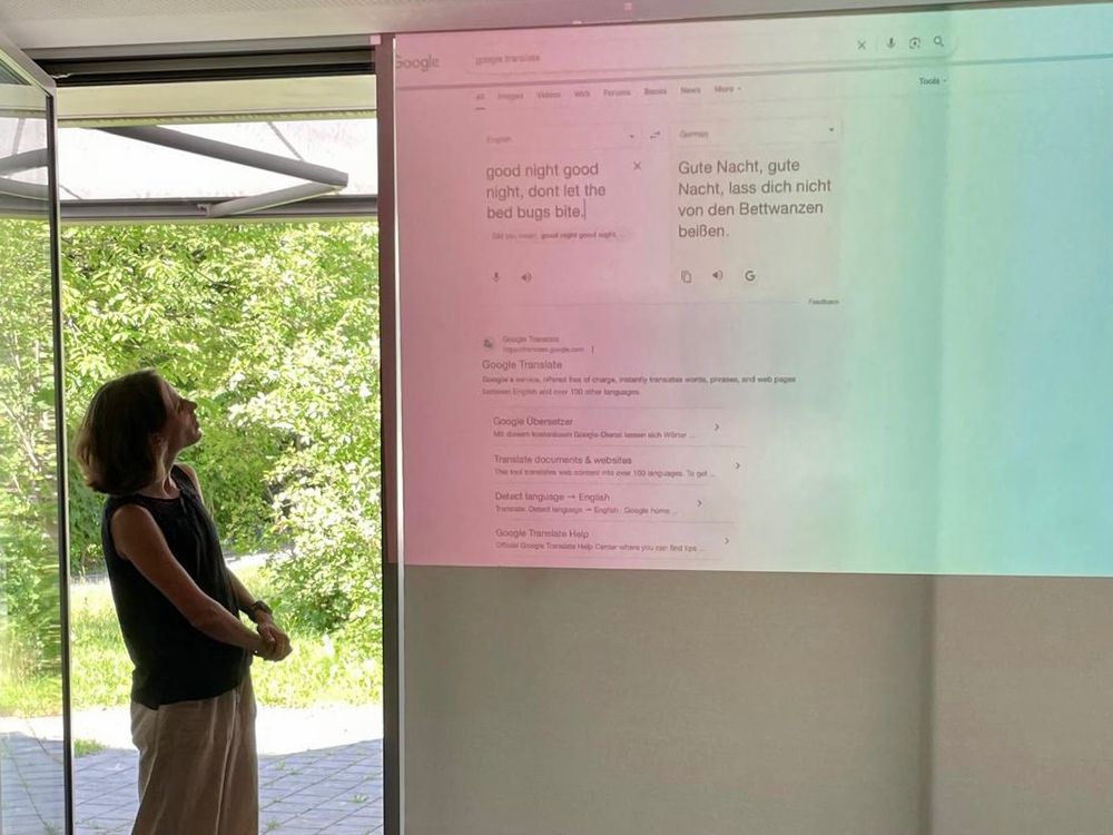 An instructor stands in front of a projected screen showing Google Translate translating the sentence "good night good night, don't let the bed bugs bite" to German