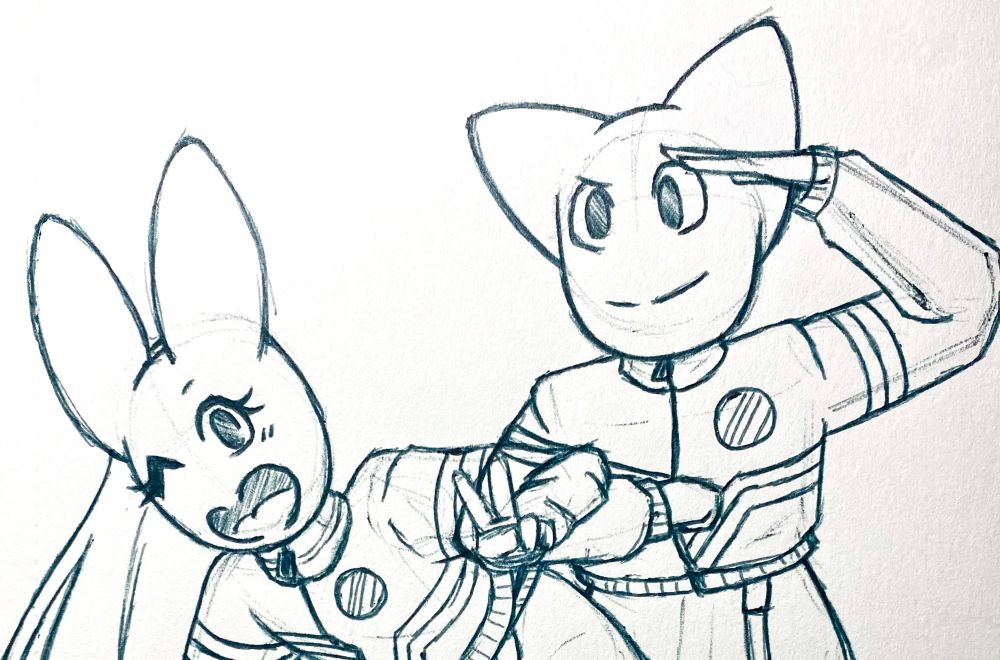 A green pen sketch of my OCs Bun.exe and KatByte