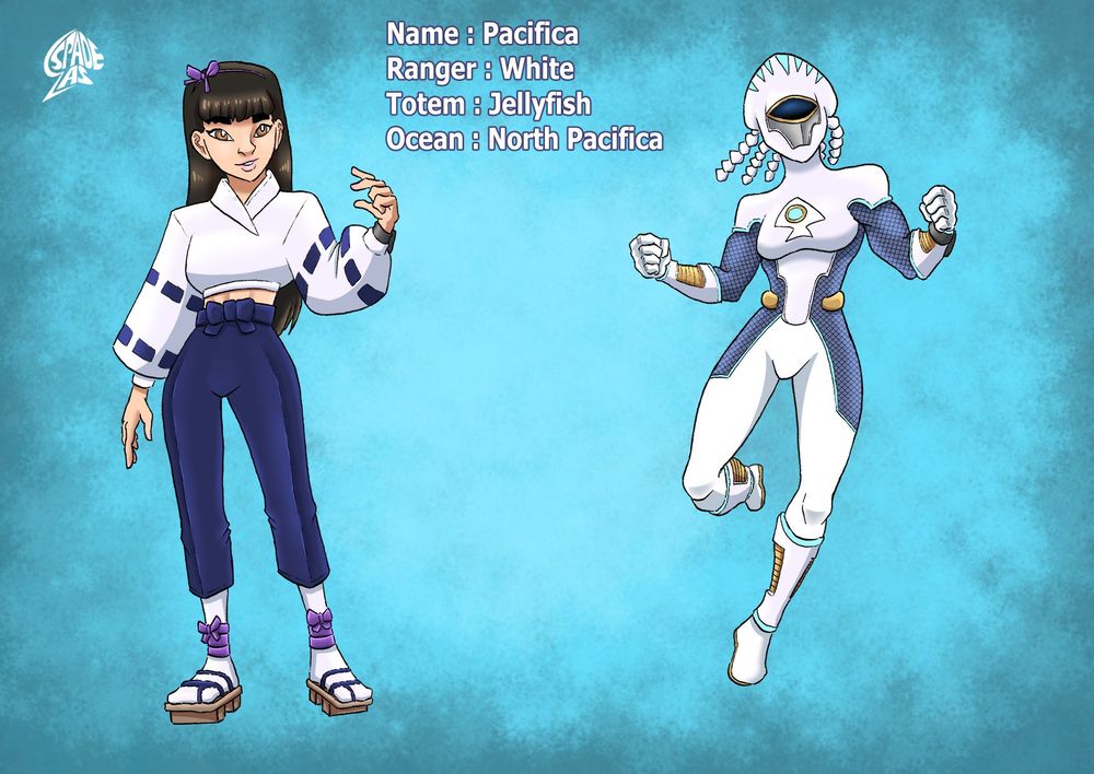 Pacifica the white ranger, inspired by japanese culture. She is the leader of the team.