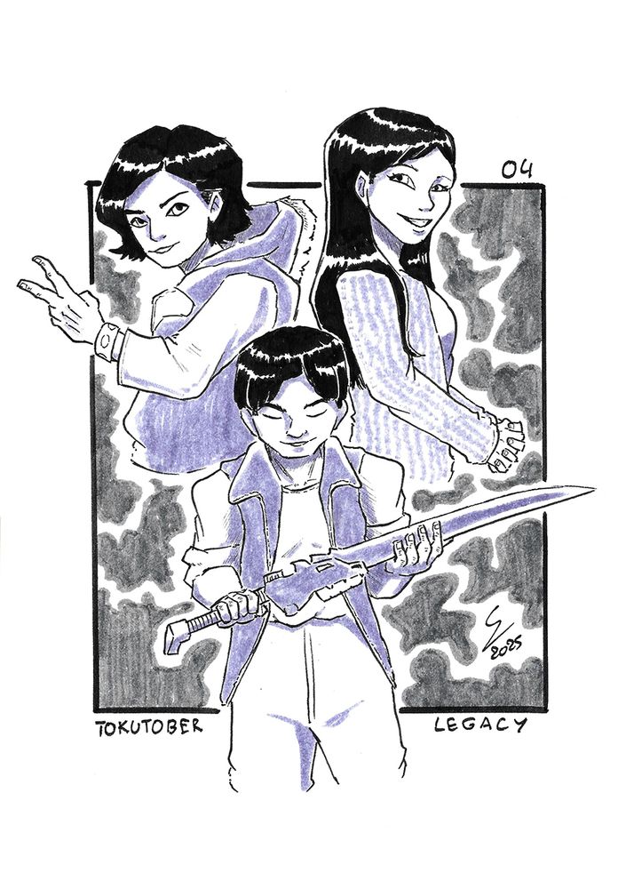 Fanart of Daigoro and his sword, with Daigo and Amy behind him, his parents.