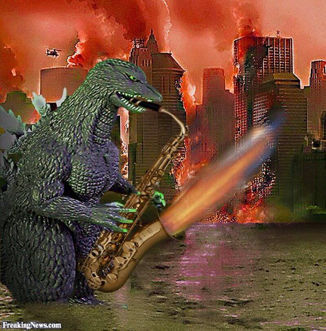 An image of Godzilla playing a saxophone while standing a body of water in front of a destroyed city