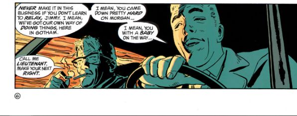A panel from Batman Year One of of Gordon and Flass driving in a car. Flass is looking smug and explaining to Gordon how things work in Gotham. Gordon is lighting a cigarette and giving Flass a look of deep contempt