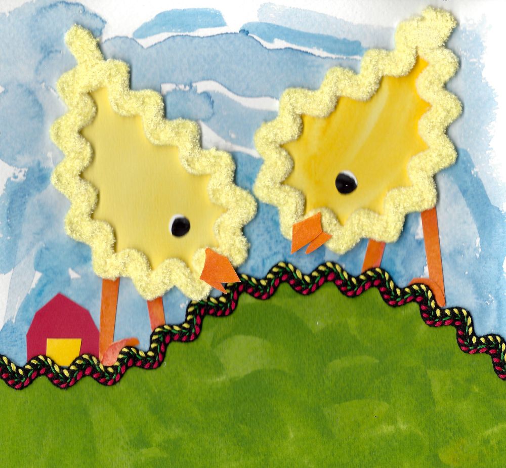 Image shows two baby fuzzy baby chicks eating in a meadow with a barn in the distance. The chicks are outlined with fuzzy fabric trim called rick rack. An embroidered rick rack trim is used to replicate seeds sprinkled on the hill. The chicks are bent over eating the seeds.  