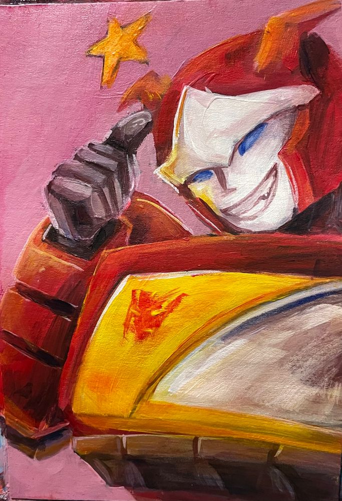 Acrylic painting of Transformers characters Blaster, smiling and giving a thumbs up