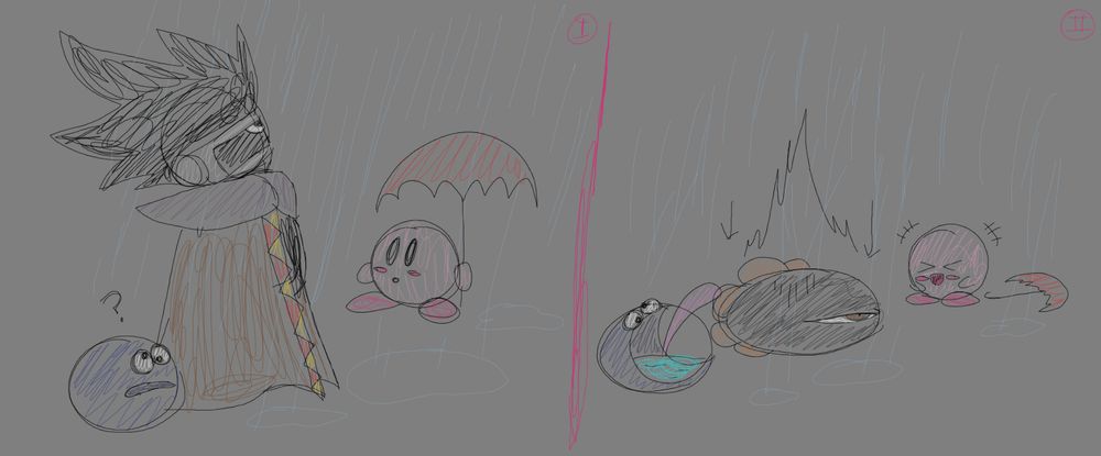 a simple sketch of Dark Matter looking up into the rain as Kirby and Gooey are curious as to why, before Gooey decides to join by catching the rain - flustering the Swordsman.