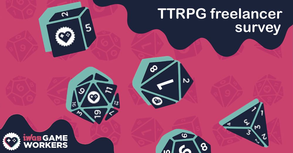 Image with dice with IWGB union logos on, advertising a TTRPG freelancer survey.