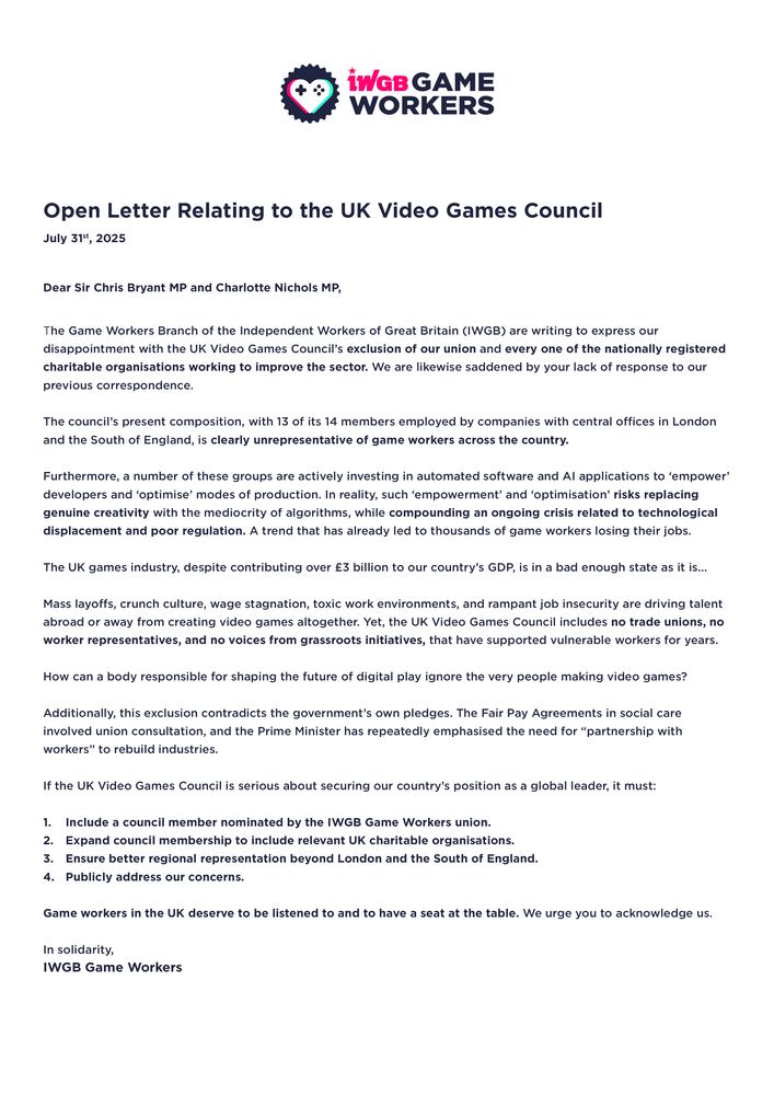 Open Letter Relating to the UK Video Games Council - full version on our website https://www.gameworkers.co.uk/open-letter-regarding-the-uk-video-games-council/
