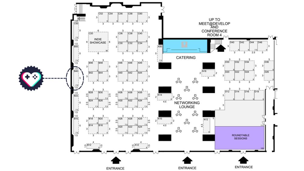 Map showing IWGB Game workers booth at Develop Brighton (booth b40)
