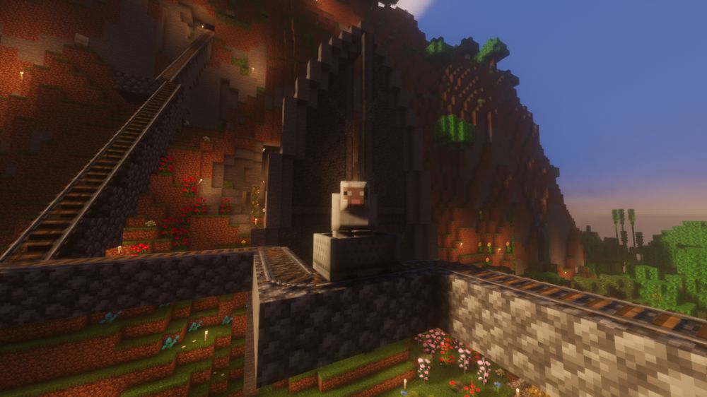 a minecraft screenshot. The main focus is a sheep in a minecart going up a cobblestone rail track. There is a large ominous door in the background. The lighting of the shaderpack makes the sheep look incredibly dramatic, half cast in shadow and highlighted only on it's sharp blocky edges. 