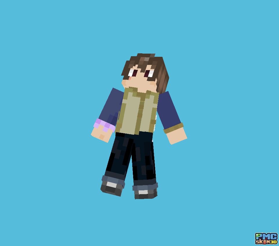 SSchaos minecraft skin, a person with brown hair and a top that has green chest and blue sleeves. Floating in a blue void looking up and tilted back