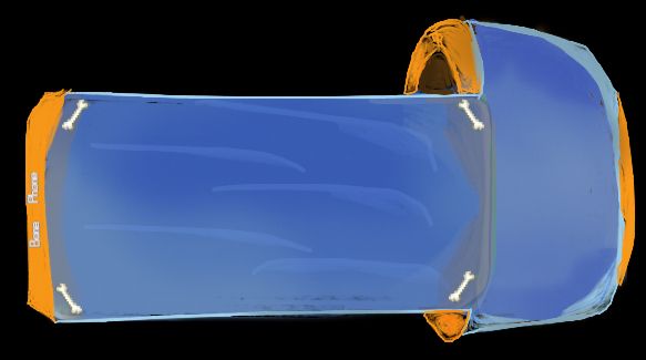 a good enough drawing of a wrist based communicator. A blue hand with orange siding and brown where it would touch the wrist. expanding out from what would be the face of a watch is a pale blue screen with little bones in the corner, the end of the screen has a orange line and small words on Bone Phone written on it