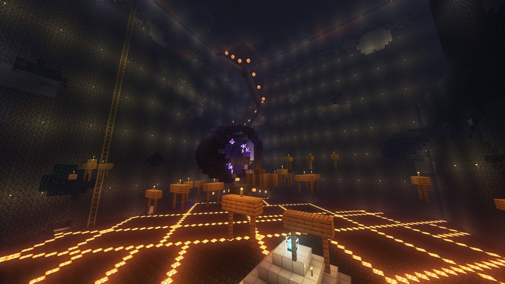 minecraft screenshot of a multi chunk hole dug out, one single amethyst floating in the middle of it. The floor is lit up in dimond patterns made out of shroomlights 