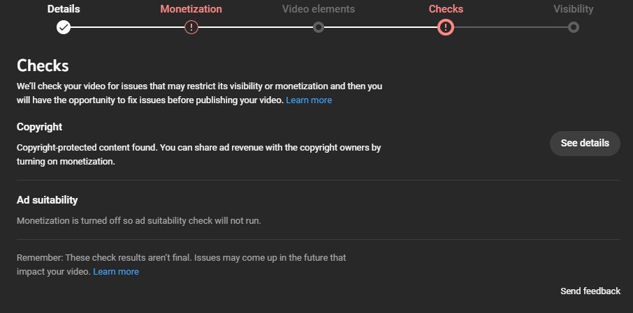 A screenshot of the youtube upload check screen with information saying that a copyright protected song was found and ad revenue would be shared