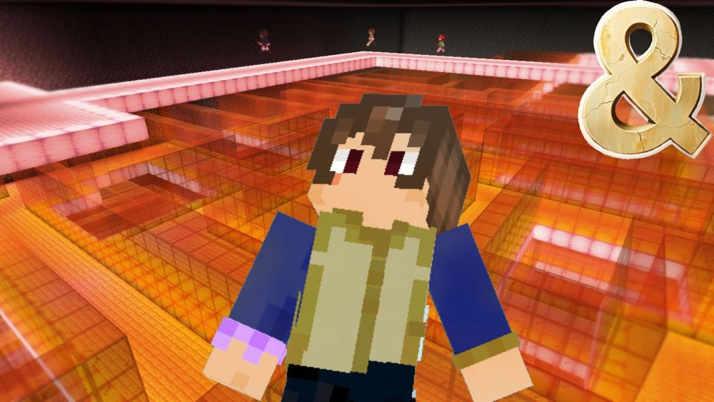 a youtube thumbnail that has SSchaos minecraft skin from the previous image but now is in front of a glowing orange maze. On top of the maze is a thin walkway with three tiny minecraft people running on, to small to see details. & symbol on the top right as the smp logo