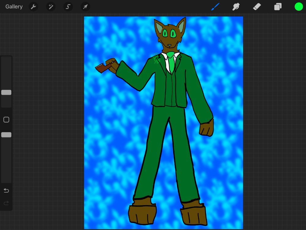 Digital art of an anthropomorphic brown cat wearing a green suit. It is fairly cartoony and has bright colors.