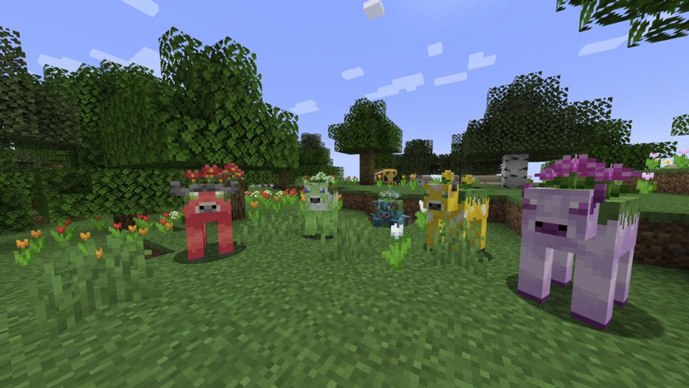 Five different moobloom variants looking in the same general direction.