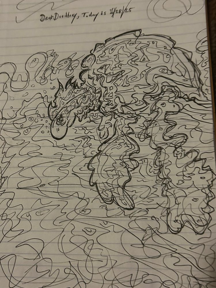 A doodle of a sad pre historic sea turtle floating through a river