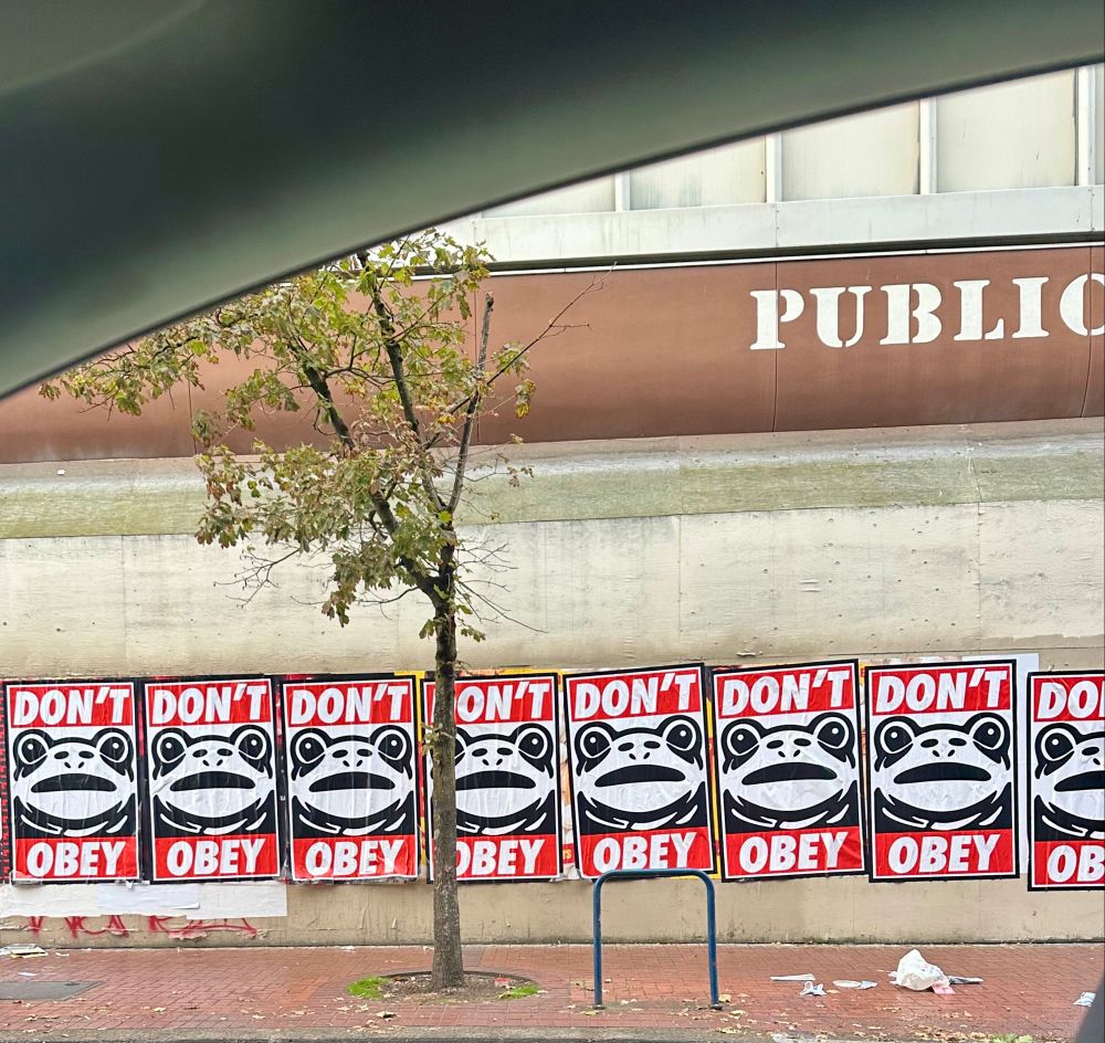 A row of Shepard Fairey style OBEY posters with a black and white frog face and DON’T OBEY in red line an abandoned building in downtown Portland 