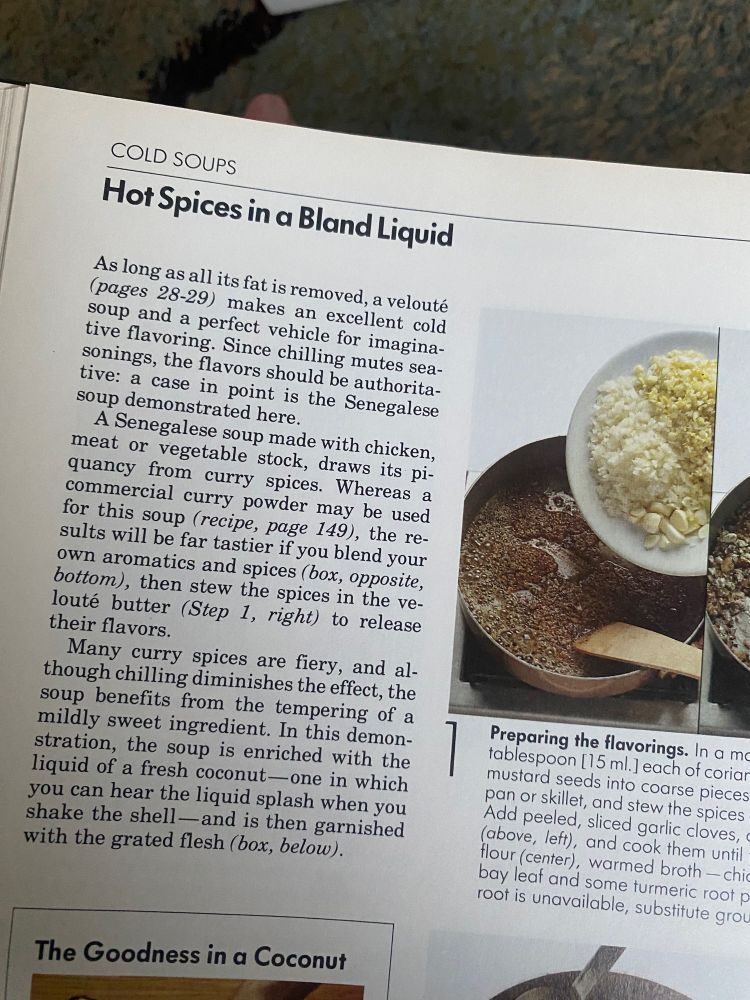 The text of a cookbook reads Hot Spices in a Bland Liquid. 