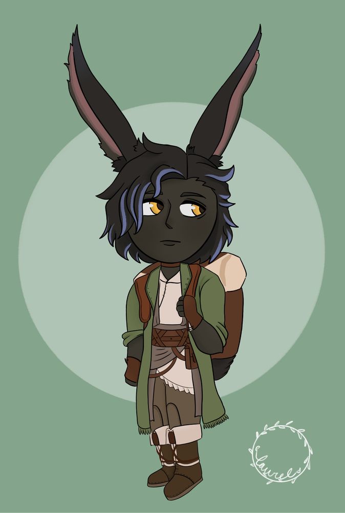Erenville drawn in chibi style with his gleaner’s backpack. He looks to the side with a neutral expression.
