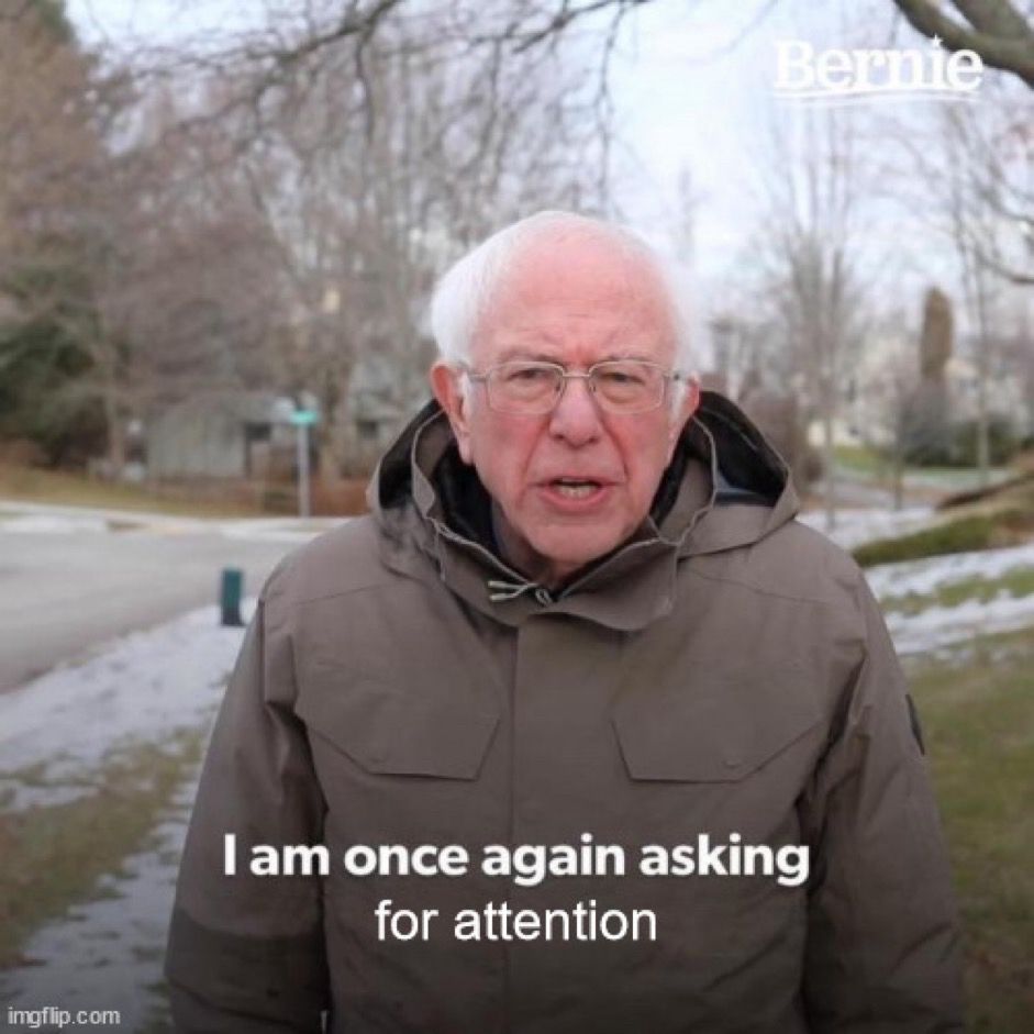 A photo of Bernie sanders standing outside in a gray-brown coat with the caption “I am once again asking for attention”
