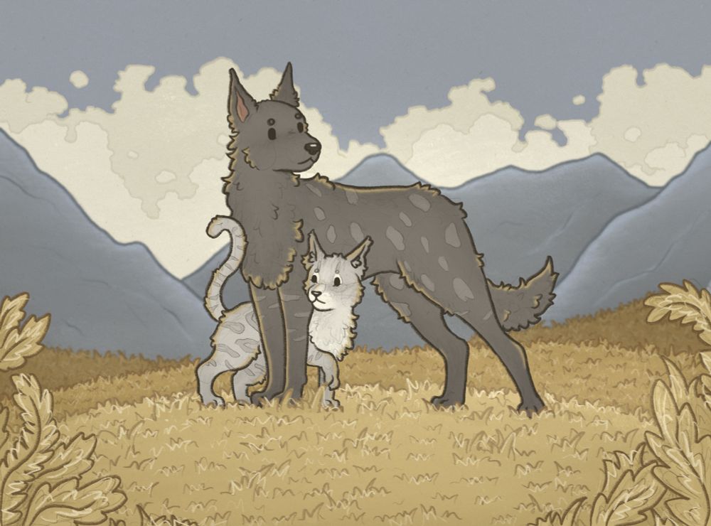 an illustration of rin and seri from mtg, a large black dog and a grey cat stand in a yellowish field against blue mountains and an overcast sky 
