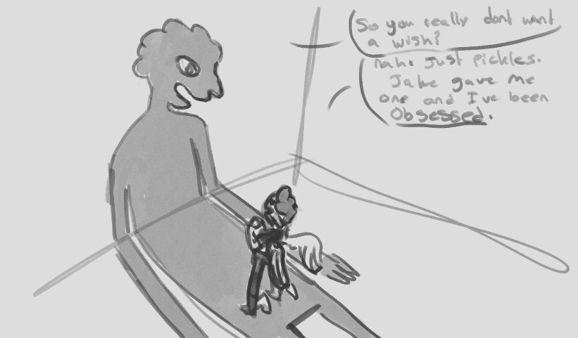 The OC Halitsfer standing in the wish room with prismo looking at him from the wall. 
Dialogue reads
Prismo "so you really dont want a wish?"
Halitsfer "nah. Just pickles. Jake gave me one and ive been obsessed." 