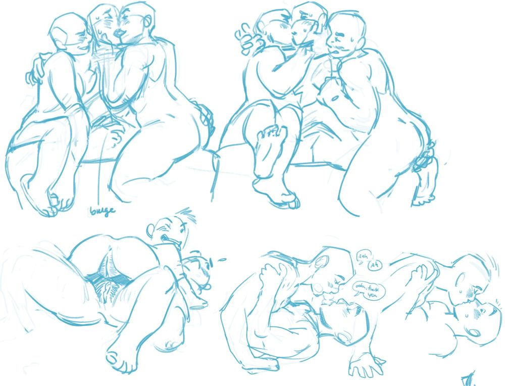 a series of sketches; one of the previous scenario. the next is of what comes after, with cat pulling ellie's face to hers to kiss her. dina looks on jealously, pulling ellie's shirt open. another is of cat lying atop dina with both their pussies on display, cat grinning coyly and dina vaguely embarassed. the last pair of drawings is of cat still atop dina but as ellie fucks one of them offscreen, they both moan. then cat kisses dina, dina's eyes wide in surprise.