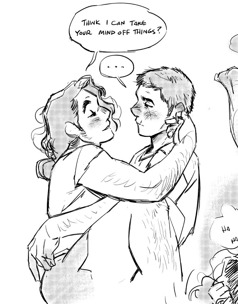 A sketch series of Ellie and Dina from TLOU2, post-canon, in their thirties. Ellie is visibly butch, with very short hair, with a moody look on her face. Dina sits in her lap, smiling and caressing Ellie's ear, and asks, "Think I can take your mind off things?" Ellie says nothing, contemplating.