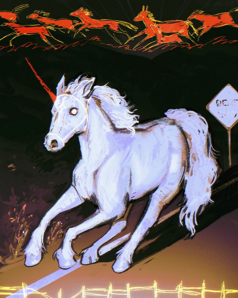 digital art of a white horse at night running on a road. a unicorn’s horn is translucent on  its head. a line of simplistic red horses runs along the top and a broken fence borders the bottom 