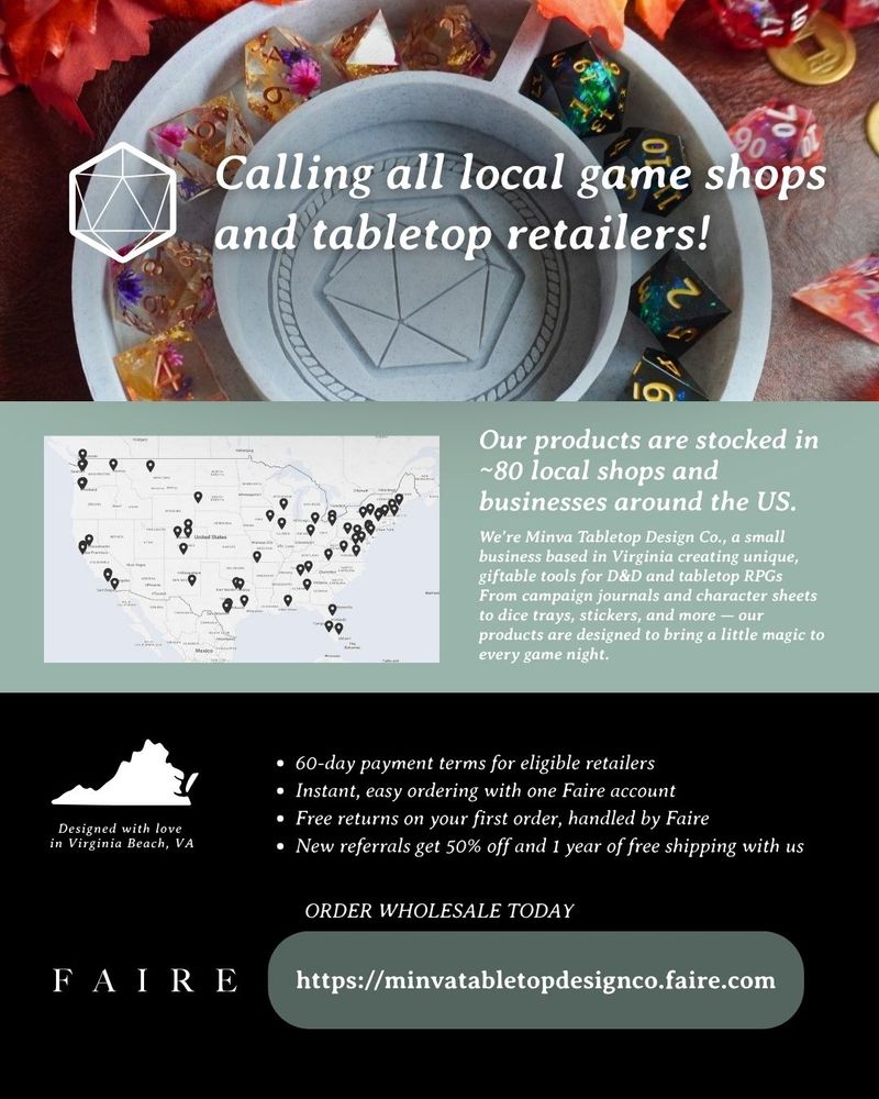 🛍️ Calling all local game shops and tabletop retailers!!!

Minva Tabletop Design Co. is on Faire ...