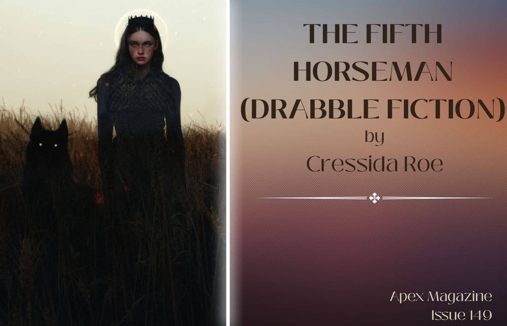 A graphic featuring the text: "The Fifth Hourseman (Drabble Fiction) by Cressida Roe" next to the illustration on Apex's Issue 149 cover, a queen in a black dress standing beside a black wolf in a field at dusk.