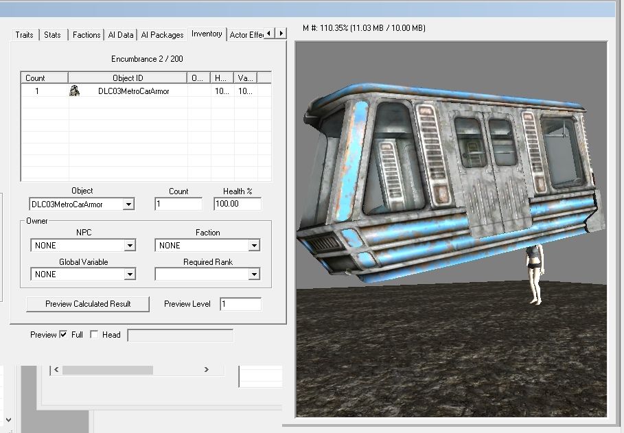 A screenshot of an asset browser for the video game Fallout 3. Shown on screen is a non-player character standing around wearing nothing except for an object called DL03MetroCarArmor. The object is a “hat” worn on the NPC’s head and is in fact an entire tram car that is an order of magnitude greater than the character. This is how the game implemented ridable tram cars.