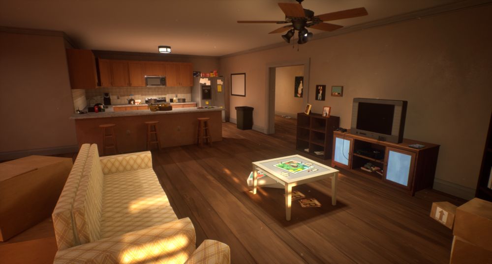 A cozy living room with a yellow couch, a coffee table, and a TV stand, connected to a kitchen with wooden cabinets and stools. Sunlight softly lights the space, adding warmth and a lived-in feel.
