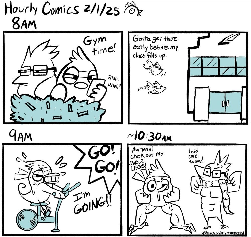 Hourly comics part 1 depicting the first 4 panels. Panel 1: Two birdsonas wake up from their nest at 8AM, text reads “Gym time!” As brush picks up the phone alarm. Panel 2:  The birds fly to the gym. Text reads ‘Gotta get there early before my class fills up.” Panel 3: 9AM brush is in spin class cycling with all her might. The instructor yells GO GO! While brush responds “I’m GOING!” Panel 4: Class goes until about 10:30am; brush’s legs are uncomfortably swole, saying “Aw yeah! Check out my SWOLE LEGS!” brush’s partner strikes a pose, puffing out his chest “I did core today!” An asterisk at the bottom reads *Results slightly exaggerated.