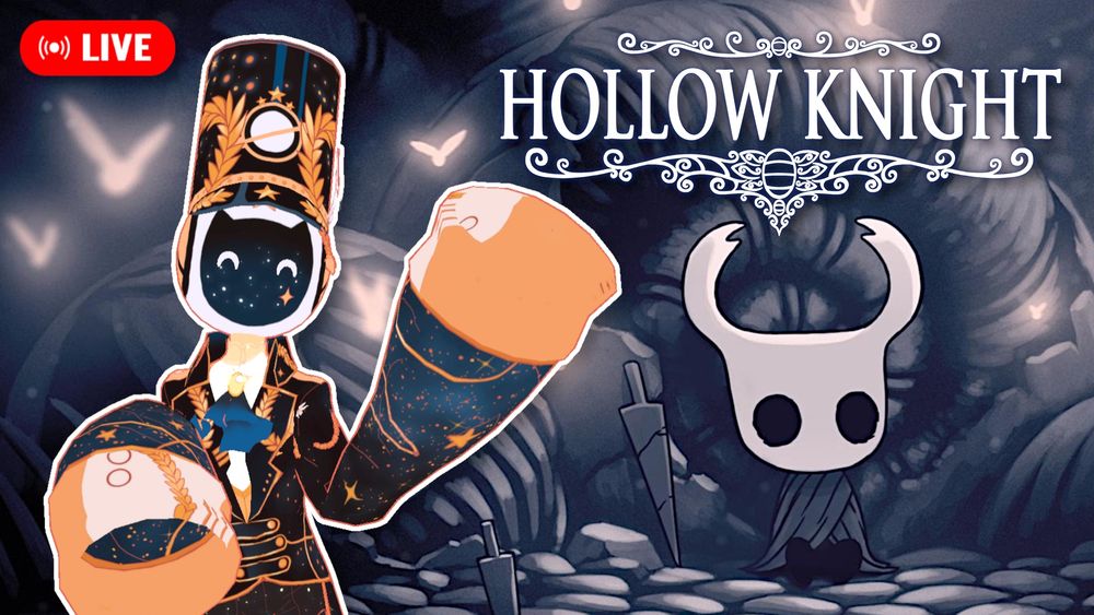 YouTube thumbnail for Hollow Knight. I am standing on the side with a happy expression and my arm raised towards the logo. The background is the cover art of Hollow Knight and the "Hollow Knight" logo.