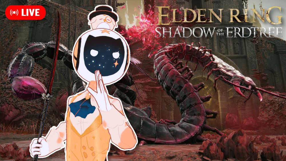 YouTube thumbnail for Elden Ring: Shadow of the Erdtree. I am standing on the left side holding the Eleonora's Poleblade weapon (a red glaive). I have an angry expression. The background image is the in-game boss Romina (a giant centipede with a woman's upper body attached; it is surrounded by pink effects). The game logo is in the upper right.