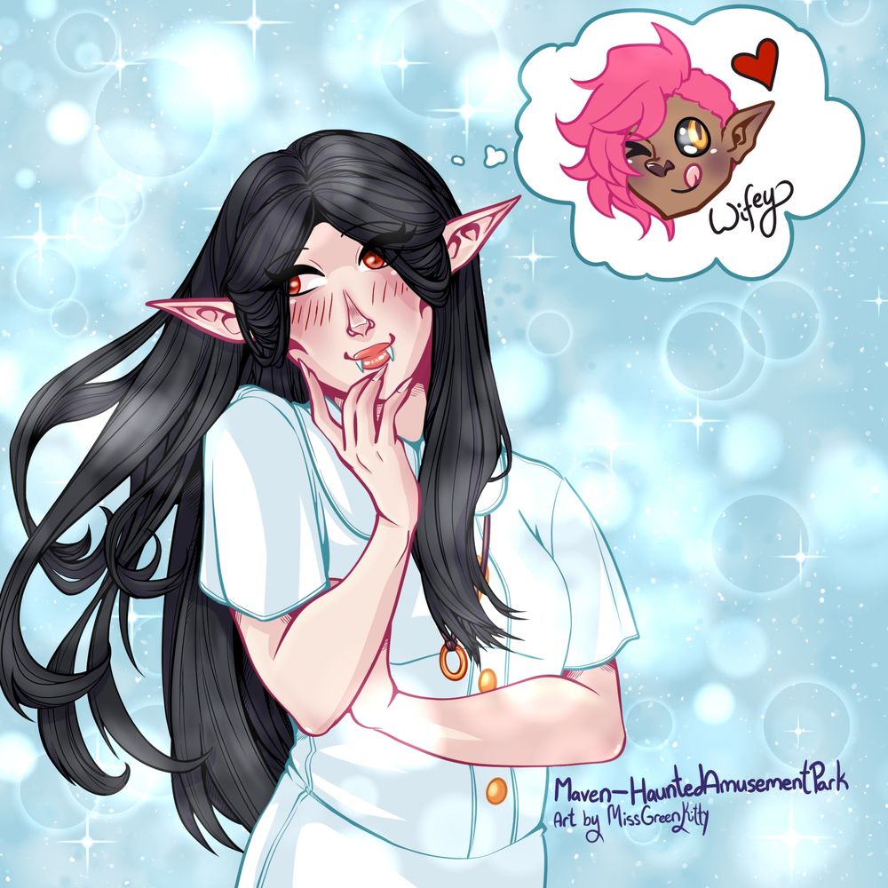 Maven is a vampire girl. Then illustration features her from the waist up. She has long straight black hair that's flowing slightly in the wind. She has pale peach skin and is blushing. Her eyes are red and glancing down to her right. Her ears are long and pointed. She has dark peach lips and fangs with her mouth forming a smile. Her nails on her fingers are long pointed. She touches her cheek with her right hand in a content daydream thought. Her left hand rests upon her right bicep. She wears a white, button-up, short sleeved shirt with a rounded collar. Gold buttons go down the middle. She wears a gold wedding ring on a cord around her neck.

She daydreams about her wife: a chibi head of her wife is in a thought bubble along with the word wifey with a little heart next to her. Her wife has dark skin and pink hair. The left side of her hair is shaved down and the right side is tousled. She has black scelara, yellow pupils, and slot black irises for her eyes. Her ear is pointed and jagged looking. She smiled and sticks her pink tongue out.

The background is a light blue with fluffy clouds, shoujo bubbles, and sparkles.