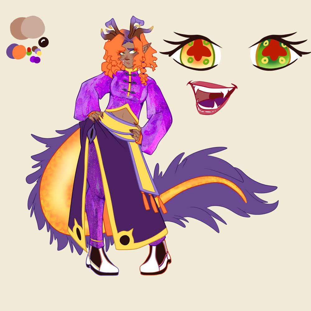 Fully body illustration of my oc Guihua. She had orange hair that is curly and reaches just above her shoulders with a small braid behind her ear. Her roots are purple. She has a set of horns, each with 3 different branches. Two reach back and the third curls back forward. She has light brown skin, freckles, and pointed ears. There is a scar on her lips and on her right cheek. She wears a purple top with a mandarin collar and yellow accents. The sleeves are baggy and cover her whole arm, and the top exposes her midriff. She has black claws on each hand. She wears a yellow-purple sash with orange tassels. She has a long dark purple with yellow and black accents skirt with a slit down the right side that shows off her purple leggings. She has black and white boots on. She has a tail that is long and golden with a purple fringe lining both sides. She stands with her hands on her hips and stares sassily to the the side. There is a close up of her mouth containing fangs and a dark purple tongue. There is a close up of her eyes- one is green and the other is orange. They both have red 4-petal blossom shaped pupils.