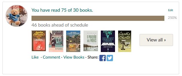 Print do goodreads mostrando que eu li 75 dos 30 livros que prometi ler esse ano, 250% mais do que o compromisso oficial, e com um link para ver quais foram os livros.