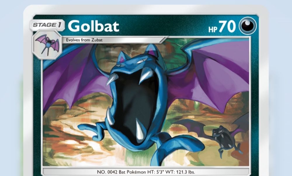 A picture of the Golbat card from the latest Pokémon Pocket set, his face is twisted as fuck