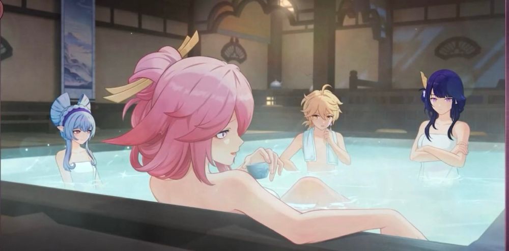 Genshin Impact bathhouse art with Mizuki, Miko, Aether, and Ei