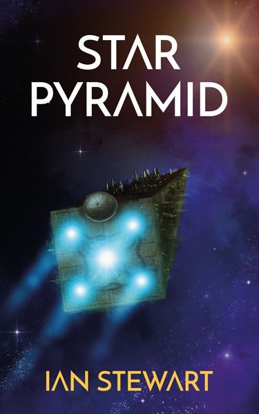 Cover image of Star Pyramid by Ian Stewart. Cover art by Alex Storer. A stretched pyramid-shaped spaceship is heading into deep space towards a distant star. There are five engines on the square base of the spaceship, all alight with blue exhaust plumes. the surfaces of the spaceship are covered with antenna and other pieces of equipment making it seem quite prickly. The Title Star Pyramid is written in white at the top, the author’s name Ian Stewart is written in orange at the bottom. In both title and author, the letter A is represented like an inverted V.