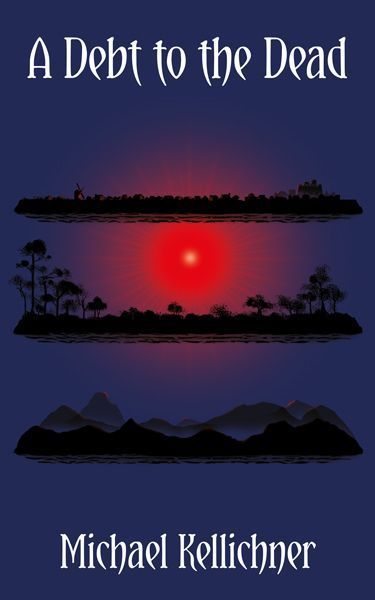 An image of the cover art for A Debt to the Dead by Michael Kellichner. In the centre of the image a bright red star shines on a dark blue background, behind three landscape plains seen in silhouetted profile. At the top is a simple human landscape with a windmill at the left, low lying dwellings and on the right a fortress of some sort. The middle landscape is a wooded landscape with trees of various sizes and shapes, although none appear healthy. The bottom landscape is a series of receding hills and mountains becoming fainter as they recede into the distance. The title of the book is in white lettering at the top of the image, the author’s name in white letters at the bottom of the page. The cover art was created by Alison Buck.