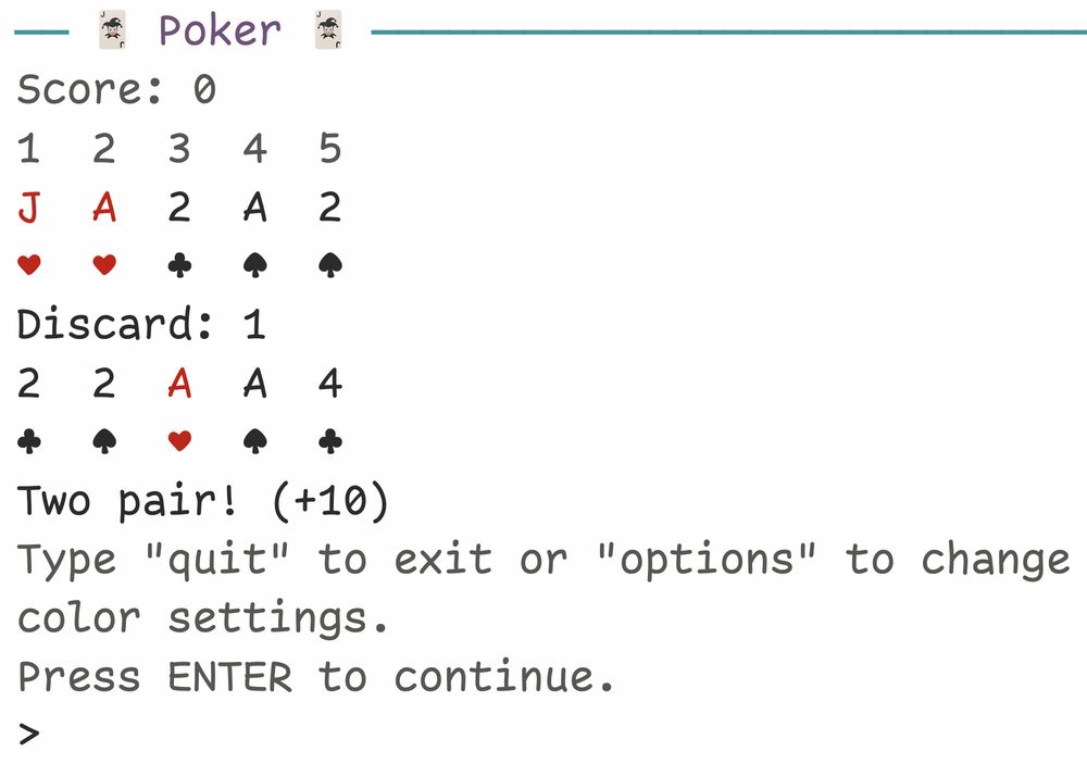 A game of 5-card draw video poker being played in the R console.