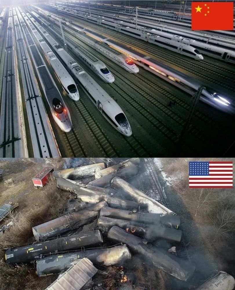 A picture of high speed rail in China vs a train wreck in the US which serves as both a literal example of how outdated and dangerous the US rail has become as well as the US refusal to invest in high speed rail but also as a metaphor for how much of a train wreck the US is compared to China while Americans still cling to the religion of Capitalism.