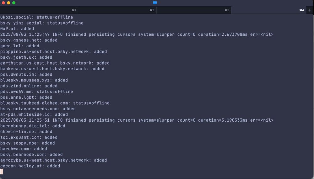 terminal output showing a program gathering information about Personal Data Servers. it is adding Personal Data Servers that it sees that are online to a database to be used later for a relay implementation that Dane is working on