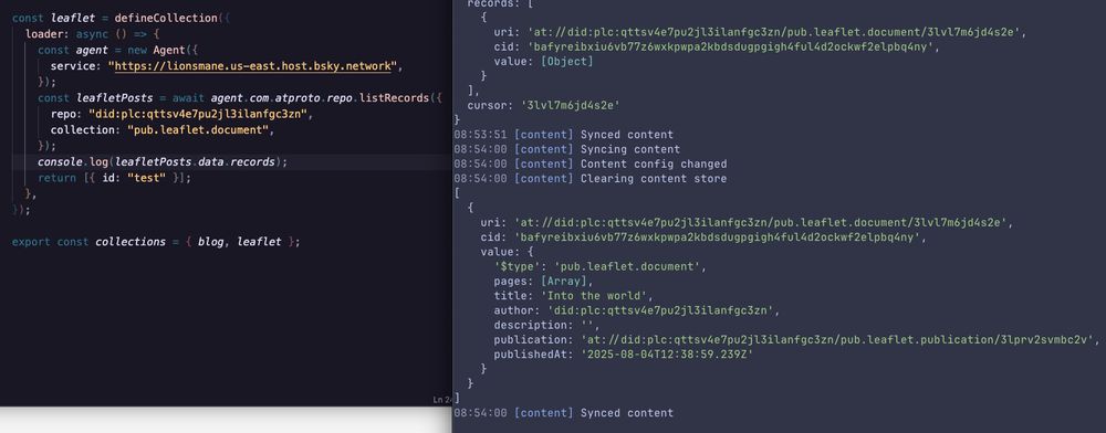 terminal output showing a leaflet document record being pulled from Dane's Personal Data Server which be used to show leaflet posts on his website