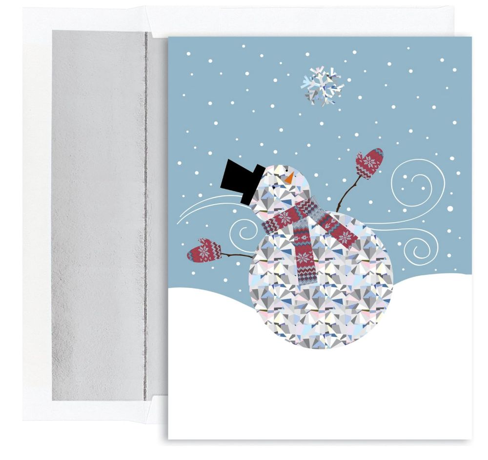 a snoman with a black top hat, red gloves and scarf, wind and snow in the background